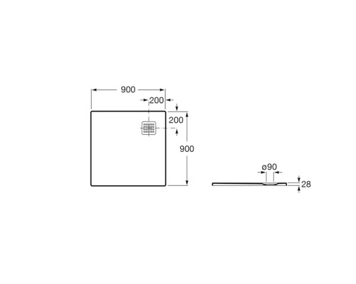 Desen tehnic al unei cădițe de duș cu dimensiuni