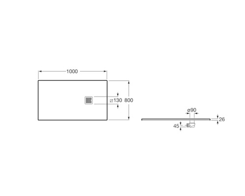 Desen tehnic al unei cădițe de duș cu dimensiuni