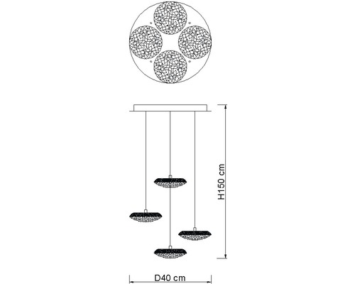Desen tehnic al unei lămpi suspendate cu patru puncte de lumină, diametru 40 centimetri, înălțime 150 centimetri