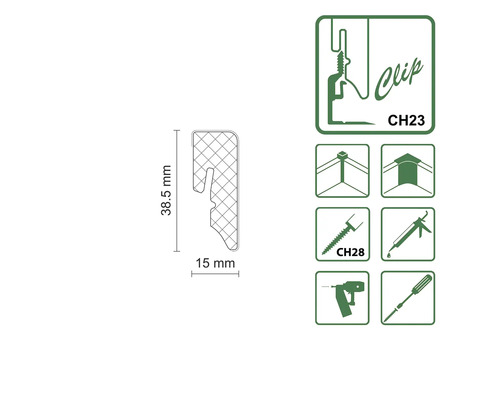 Clip CH23 cu dimensiunile 38,5 mm x 15 mm. Simbolul CH23 reprezintă montarea cu clip. Simbolul CH28 reprezintă montarea cu șurub.