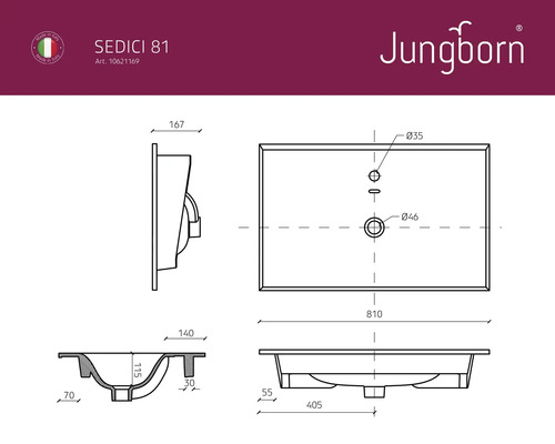Desen tehnic al unui lavoar Jungborn cu dimensiuni