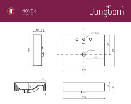 Desen tehnic lavoar NOVE 61 de la Jungborn cu dimensiuni