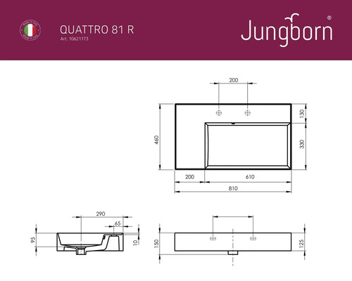Desen tehnic al unui lavoar Jungborn Quattro 81 R cu dimensiuni