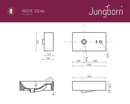 Desen tehnic al unei chiuvete Jungborn cu dimensiuni