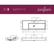 Desen tehnic al lavoarului Jungborn Quattro 121 R cu dimensiuni