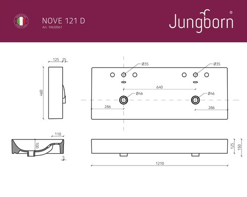 Desen tehnic al lavoarului Jungborn Nove 121 D cu dimensiuni