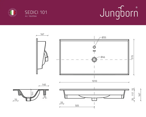 Desen tehnic al lavoarului Jungborn Sedici 101 cu dimensiuni