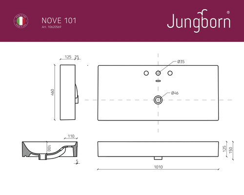 Desen tehnic al unui lavoar Jungborn Nove 101 cu dimensiuni