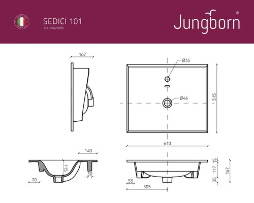 Desen tehnic chiuvetă Jungborn Sedici 101 cu dimensiuni
