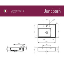 Desen tehnic al lavoarului Jungborn Quattro 61 L cu dimensiuni