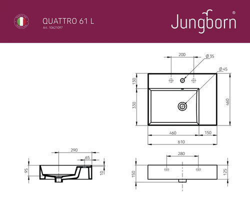 Desen tehnic al lavoarului Jungborn Quattro 61 L cu dimensiuni