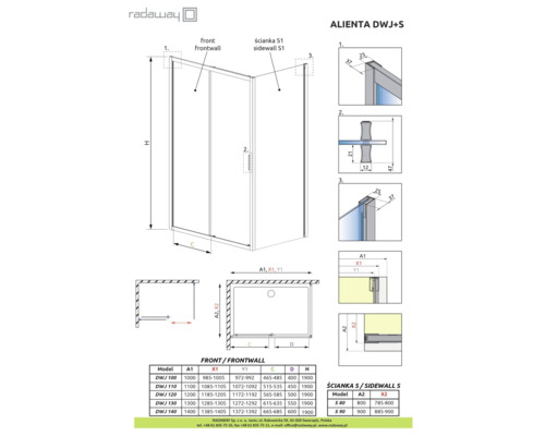 Desen tehnic al cabinei de duș Radaway Alienta DWJ+S cu dimensiuni