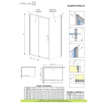 Desen tehnic al unei cabine de duș Alienta DWJ+S cu dimensiuni