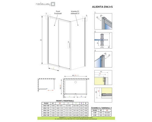 Desen tehnic al unui duș Radaway, modelul Alienta DWJ+S, cu dimensiuni.