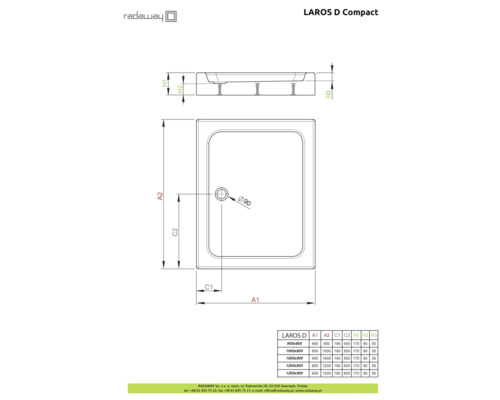 Desen tehnic al cădiței de duș Radaway Laros D Compact cu indicații de dimensiuni