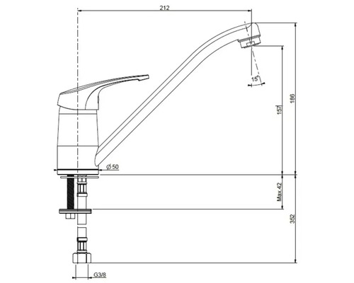 Desen tehnic al unei baterii de bucătărie cu dimensiuni