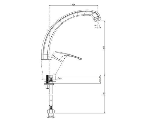 Desen tehnic al unei baterii de bucătărie cu dimensiuni