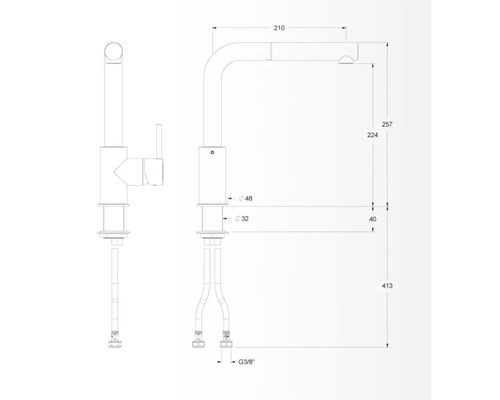 Desen tehnic al unei baterii de bucătărie cu dimensiuni