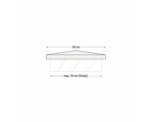 Desen tehnic al unui raft triunghiular cu dimensiunile de 35 cm și maximum 29 cm