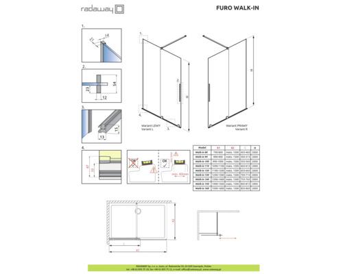 Desen tehnic al unei cabine de duș walk-in Radaway Furo cu dimensiuni