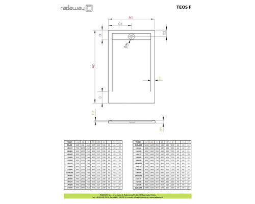 Desen tehnic al modelului de cadă de duș Teos F cu indicații de dimensiuni.