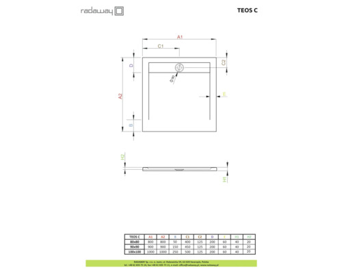 Desen tehnic al cădiței de duș Radaway Teos C cu dimensiuni