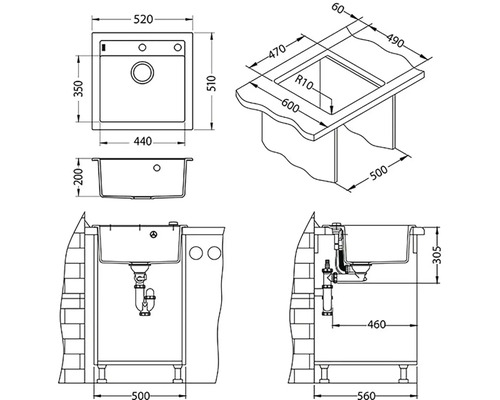 Desen tehnic al unei chiuvete cu dimensiuni