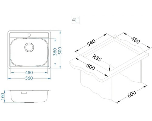 Desen tehnic al unei chiuvete cu dimensiuni