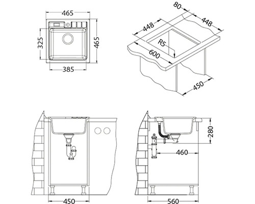 Desen tehnic al unei chiuvete cu dimensiuni