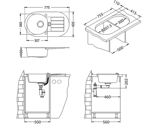 Desen tehnic chiuvetă cu dimensiuni