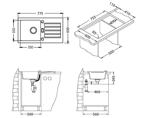 Desen tehnic al unei chiuvete cu dimensiuni