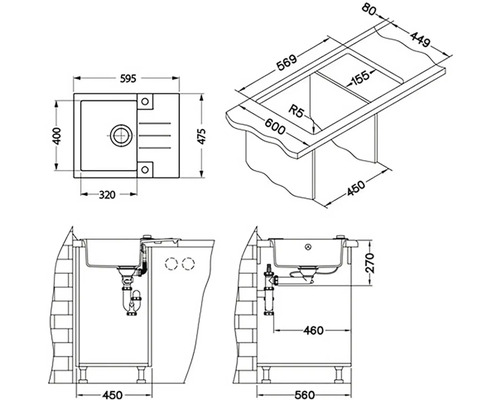 Desen tehnic al unei chiuvete cu dimensiuni