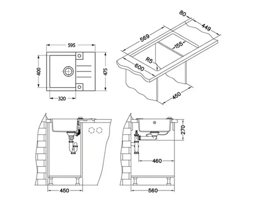 Desen tehnic al unei chiuvete cu dimensiuni