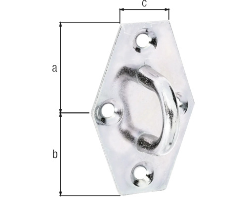 Cârlig metalic de tavan cu placă de fixare și dimensiuni.