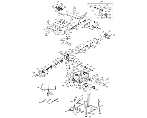 Desen explodat al unui ferăstrău circular de masă, care arată dispunerea și relațiile diferitelor componente.
