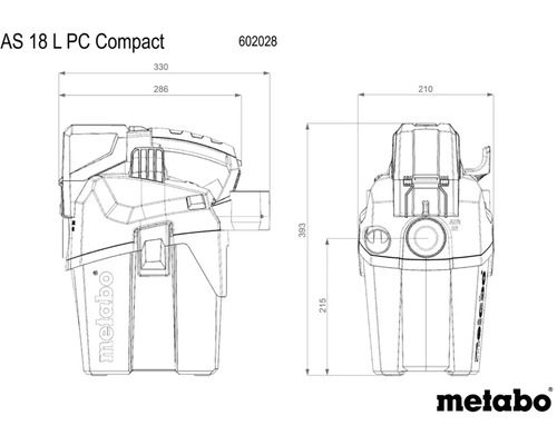 Aspiratorul Metabo AS 18 L PC Compact, desen tehnic cu dimensiuni