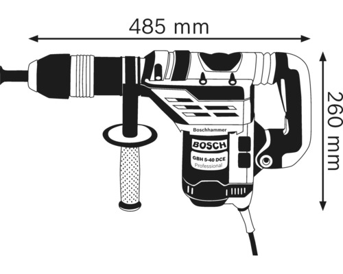 Ciocan rotopercutor Bosch cu dimensiunile de 485 mm și 260 mm