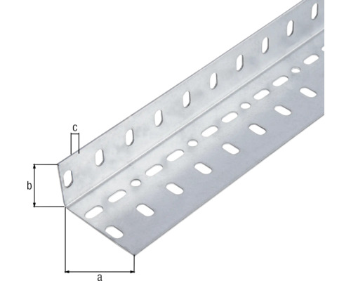 Unghi perforat din metal cu dimensiunile a, b și c.