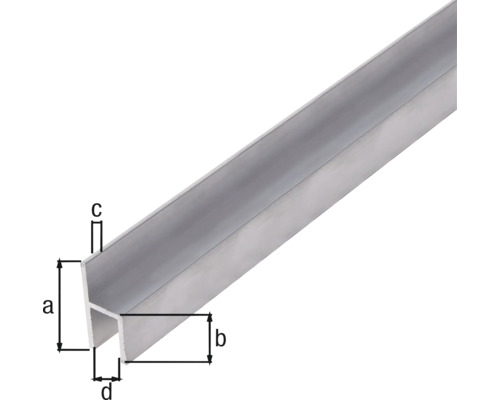 Profil din aluminiu cu marcajele a, b, c și d pentru a indica dimensiunile