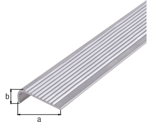 Profil de margine de scară din aluminiu cu caneluri și dimensiuni.