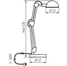 Desen tehnic al unei lămpi de birou cu dimensiuni.