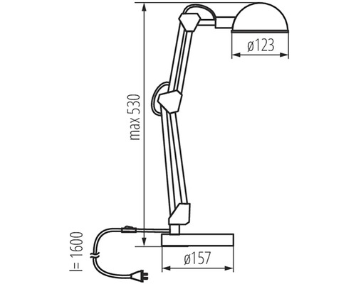 Desen tehnic al unei lămpi de birou cu dimensiuni.