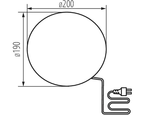 Desen tehnic al unei lămpi rotunde cu dimensiunile de 200 mm diametru și 190 mm înălțime