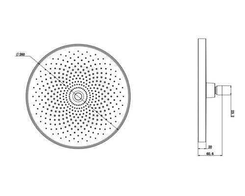Desen tehnic al unui cap de duș cu dimensiunile de 260 mm diametru, 23,2 mm înălțime, 20 mm adâncime și 60,6 mm adâncime totală.