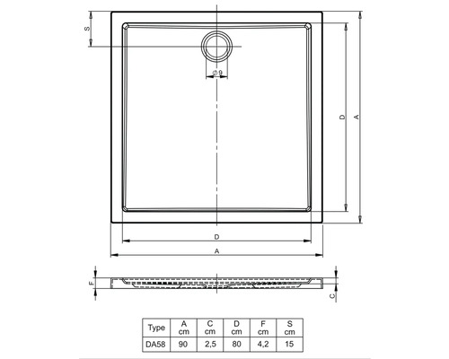 Desen tehnic al unei cădițe de duș cu dimensiuni