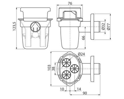Desen tehnic al unui sifon de pardoseală cu dimensiuni