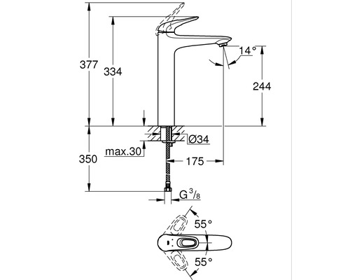 Desen tehnic al unui robinet cu indicații de înălțime