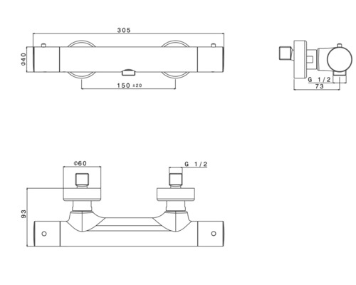 Desen tehnic al unei baterii de duș cu dimensiuni