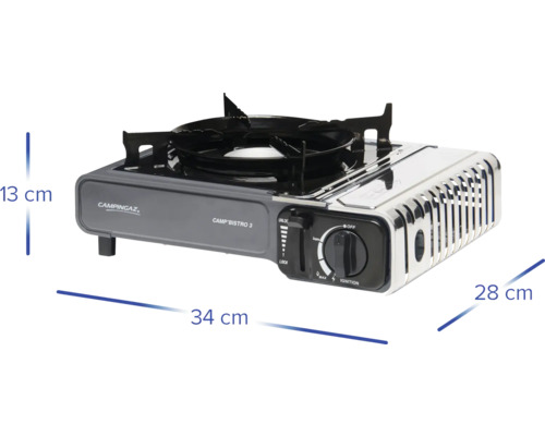 Aragaz Campingaz Camp Bistro 3 cu dimensiunile de 13 cm înălțime, 34 cm lungime și 28 cm lățime