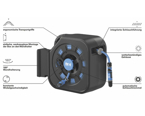 Tambur automat pentru furtun cu carcasă rezistentă la intemperii și mânere ergonomice de transport